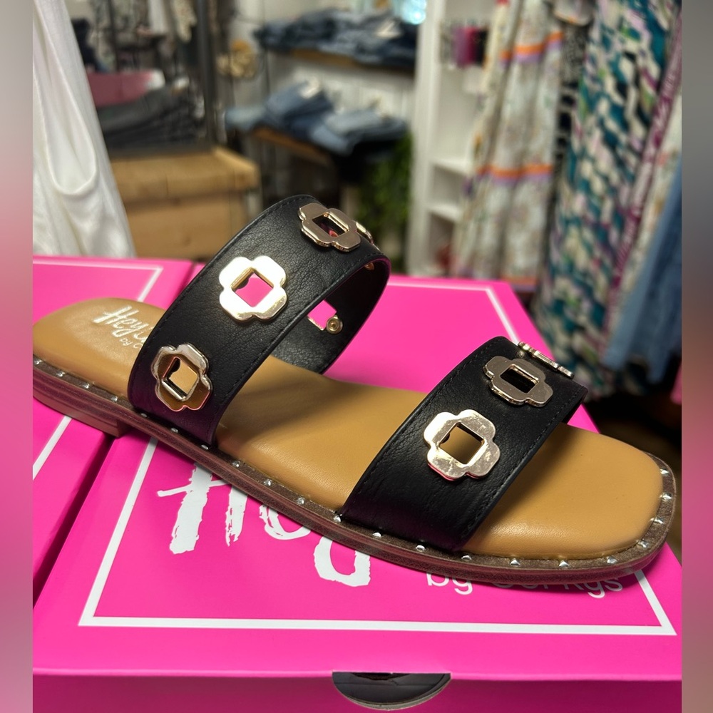 Corkys Black Sandals with Gold Accents- NWT